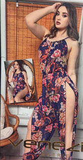 "Floral Elegance: Sleeveless Lounge Dress with Side Slit"